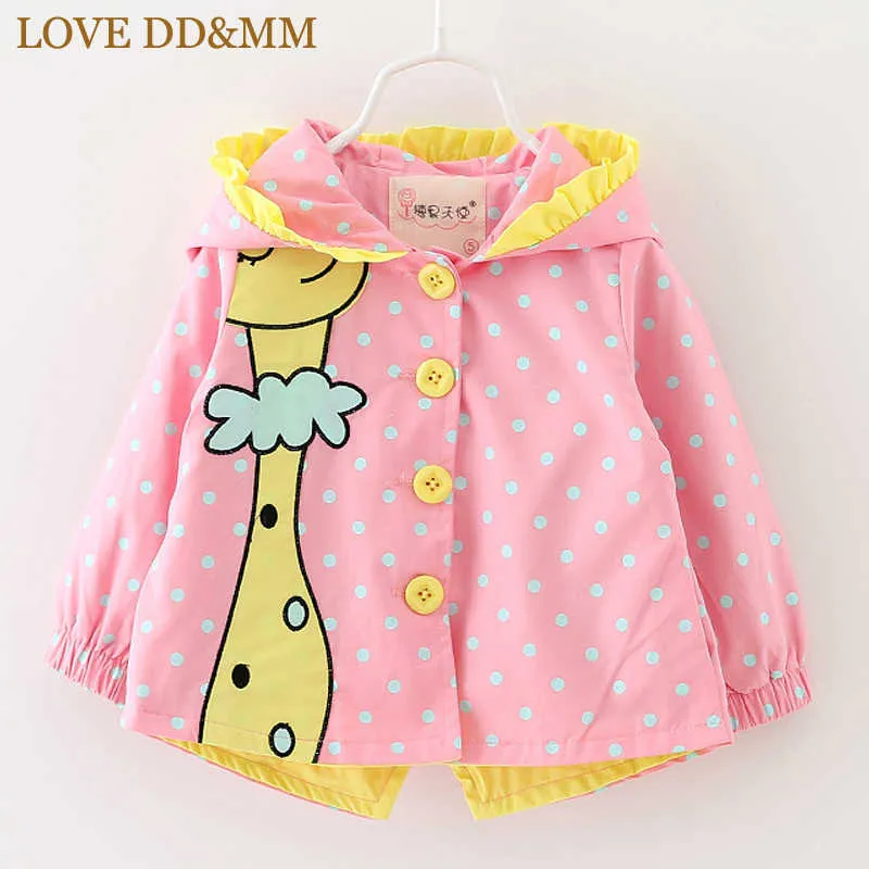 Liefde ddmm meisjes jas winter kid's kleding meisjes leuke lange mouwen cartoon giraffe print hooded windjack jas 210715