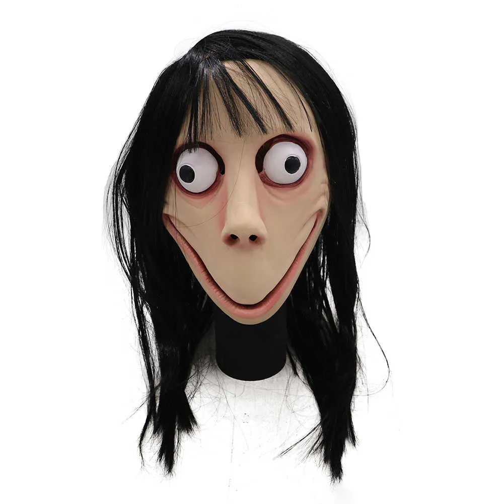Masque Momo effrayant jeu de piratage masque en Latex d'horreur masque Momo tête complète grand oeil avec de longues perruques T200116195A