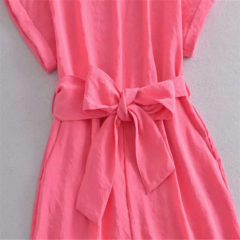 ZA Summer Women Belted Short Jumpsuit Short Sleeve Vintage Pink Playsuit Fashion Back Opening Woman Pleated Jumpsuits 210602