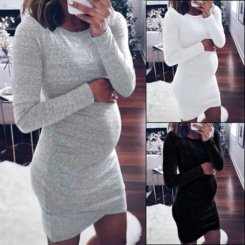 Pregnancy Autumn Dress Women's Long Sleeve Solid O-Neck Dresses With Pocket Props Ropa Premama Winter Mothers Clothing Y0924
