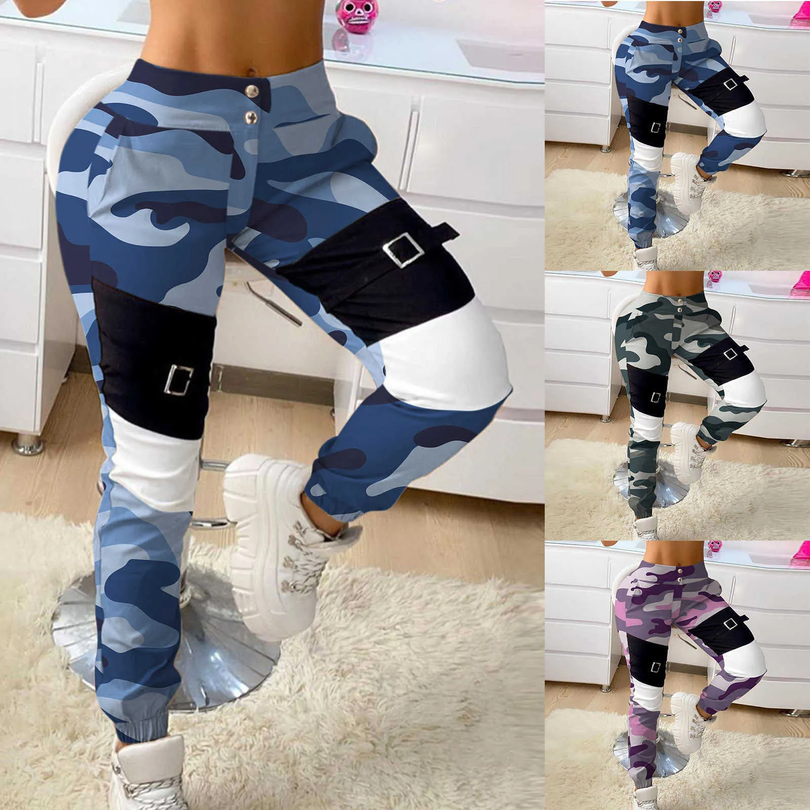 Sommarkläder Kvinnors Fashion Stitching Camouflage Print Casual Long Pants Pantalones de Mujer Ropa Mujer Q0801