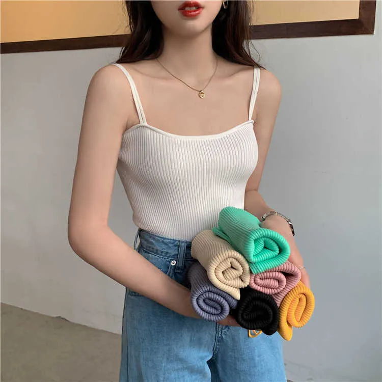 Sexy Knitted Camis Top Summer Tank Tops Women Camisole Sleeveless Slim Top Female Sleveless T-shirt Vest Casual Pink White Blue 210604