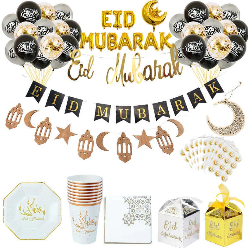 EID MUBARAK Ramadan Kareem Bannière Ballons Jetable Vaisselle Set Eid Mubarak Décor Ramadan Mubarak Musulman Islamique Parti Y0827
