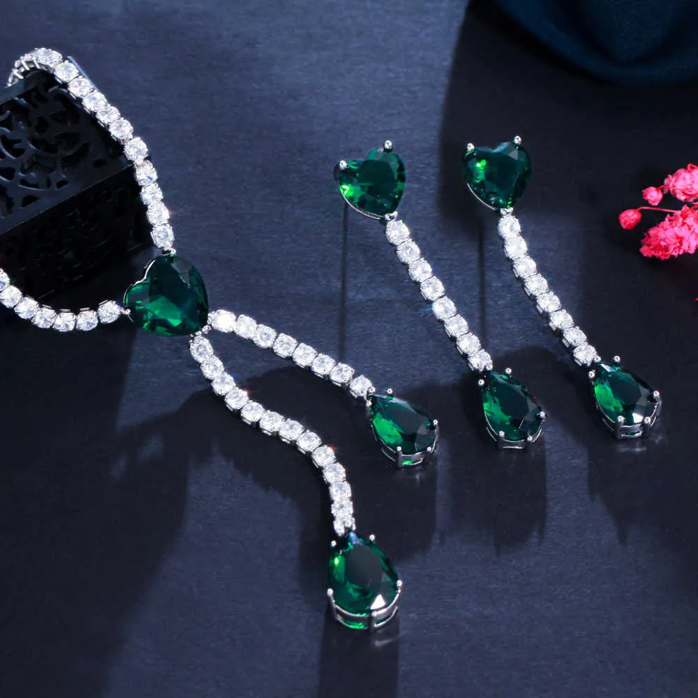Cwwzircons Блестящие элегантные капли воды с водой зеленый кубический циркония ожерелье серьги свадьбы свадебные украшения для невесты T556 H1022