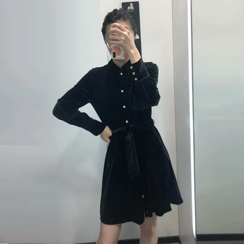 Dress Women Summer Black Velvet Mini Woman Fall Long Sleeve Korean Ladies Short Club Office es Bow Buttons 210430