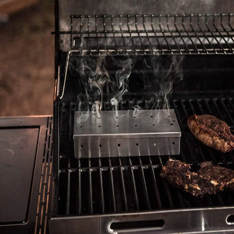Scatola affumicatore barbecue con trucioli di legno barbecue a gas a carbone interni ed esterni, accessori aroma di affumicatura con carne 210423