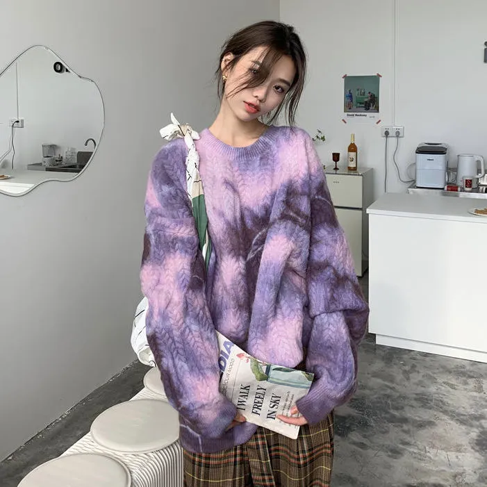 Wonder Vintage Tie Dye Oversize Trui Warm Dikke Paars Pullovers Batwing Mouw BF Tops Gebreide Outwears 210510