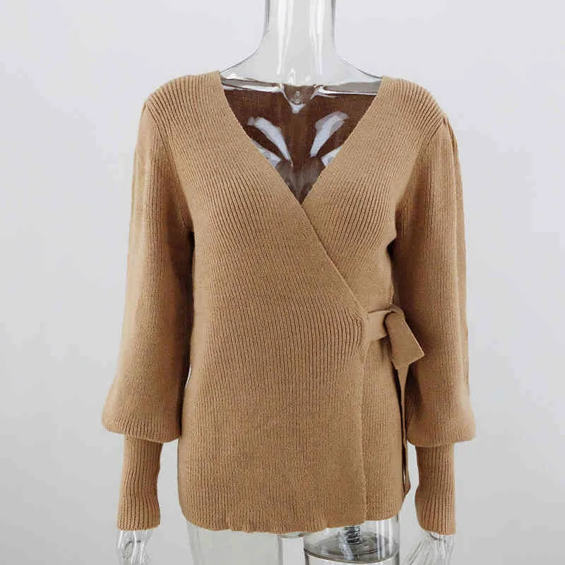 Mode gebreide vest trui herfst winter lace-up elegante v-hals gebreide trui vrouwen losse plus-sized vestigans 210514