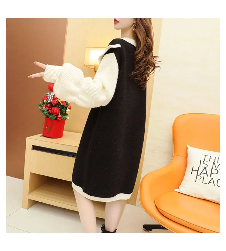 Femmes Long Pull Robe Bow Tie Style Lâche Style Genou Longueur Tricot Robes Noir Blanc Hiver Volants Pull Jumper 210430