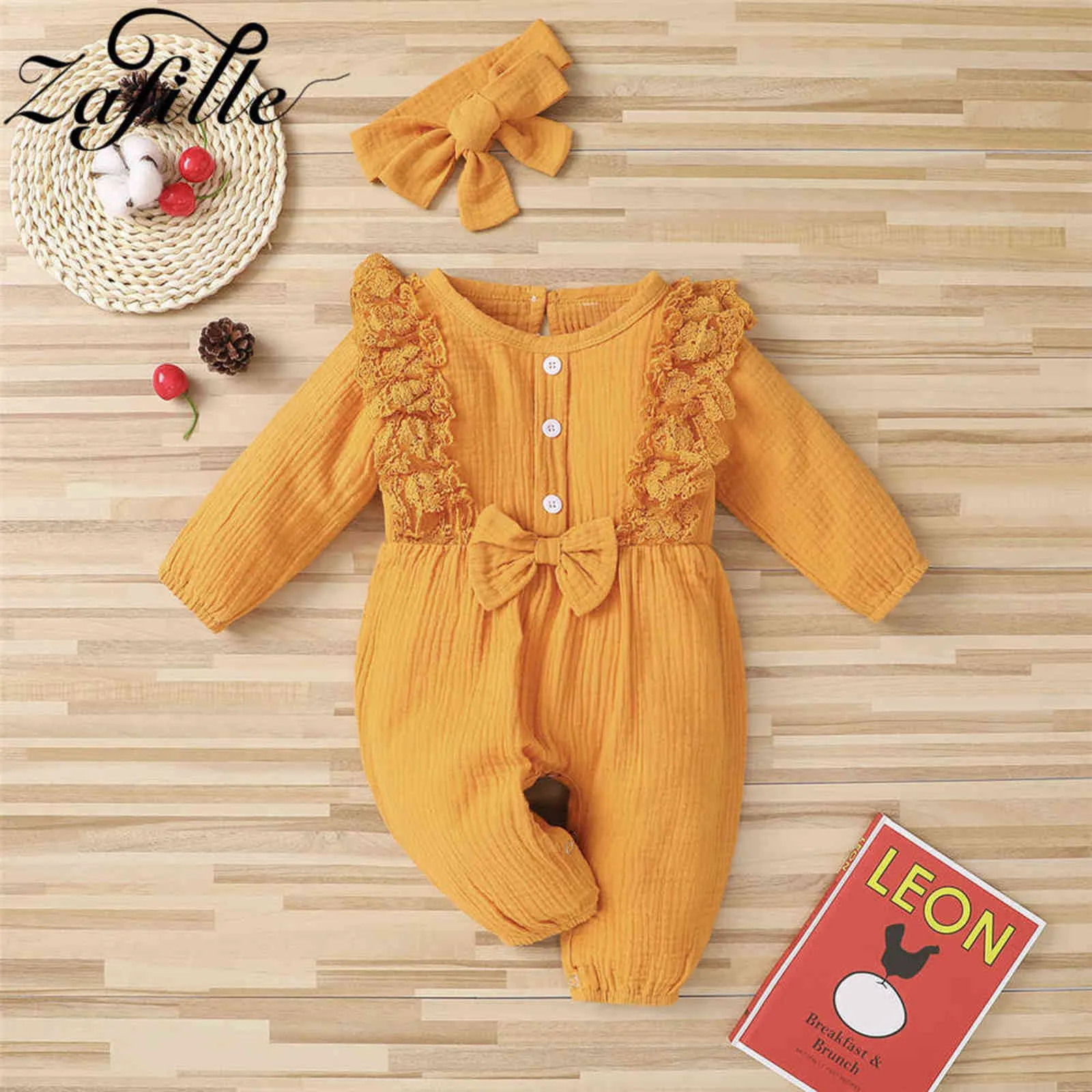 Zafille Baby Girl Romper 8色レースlepewear for Borns服フリル弓弓ジャンプスーツ+ヘッドバンド211101