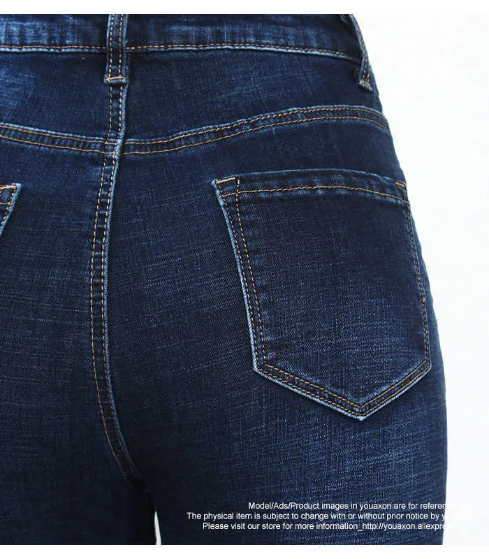 2141 Youaxon llegó Jeans de cintura alta para mujeres Elástico Botón azul oscuro Fly Denim Pantalones flacos Pantalones 210708