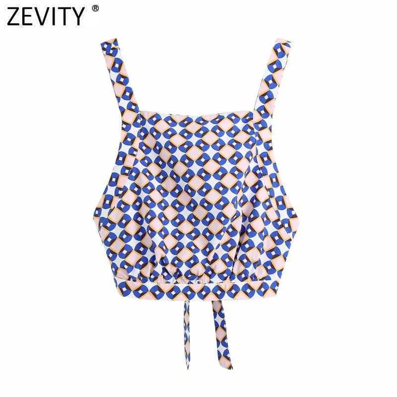 Zevity Women Vintage Geometric Print Short Sling Shirt Ladies Sexy Backless Bow Tied Blouse Roupas Chic Crop Blusas Tops LS9393 210603