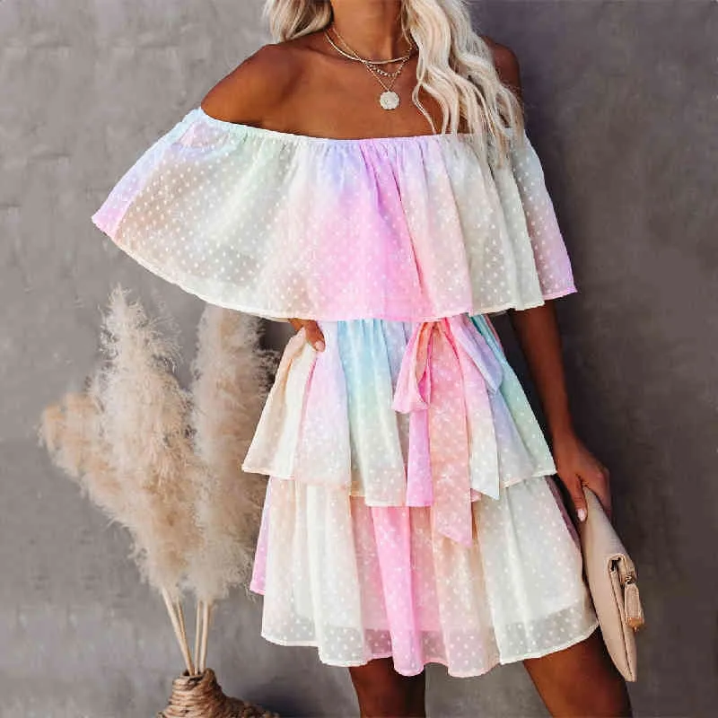 Copricostume bikini sexy di alta qualità Boho Rainbow Slash Neck Summer Beach Dress Tunica Women Wear Swim Suit Cover Up A451 210420