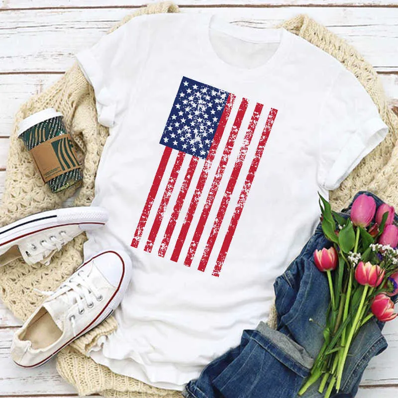 Kobiety Graficzne USA Flaga Amerykański Patriotyczny Serce Love Lato Koszulka Topy Lady Kobiet Odzież Odzież Tee Kobieta T Shirt X0527
