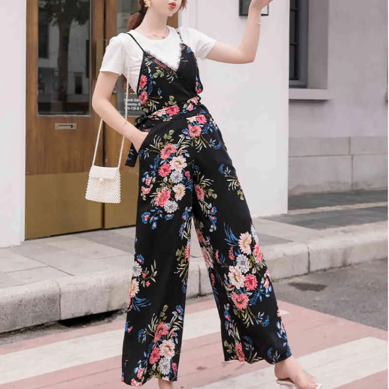 Women Chiffon Overalls Wide Leg Pant Spring Summer Female Loose Printed Floral Boho Casual Trousers Oversize Jumpsuits 210514