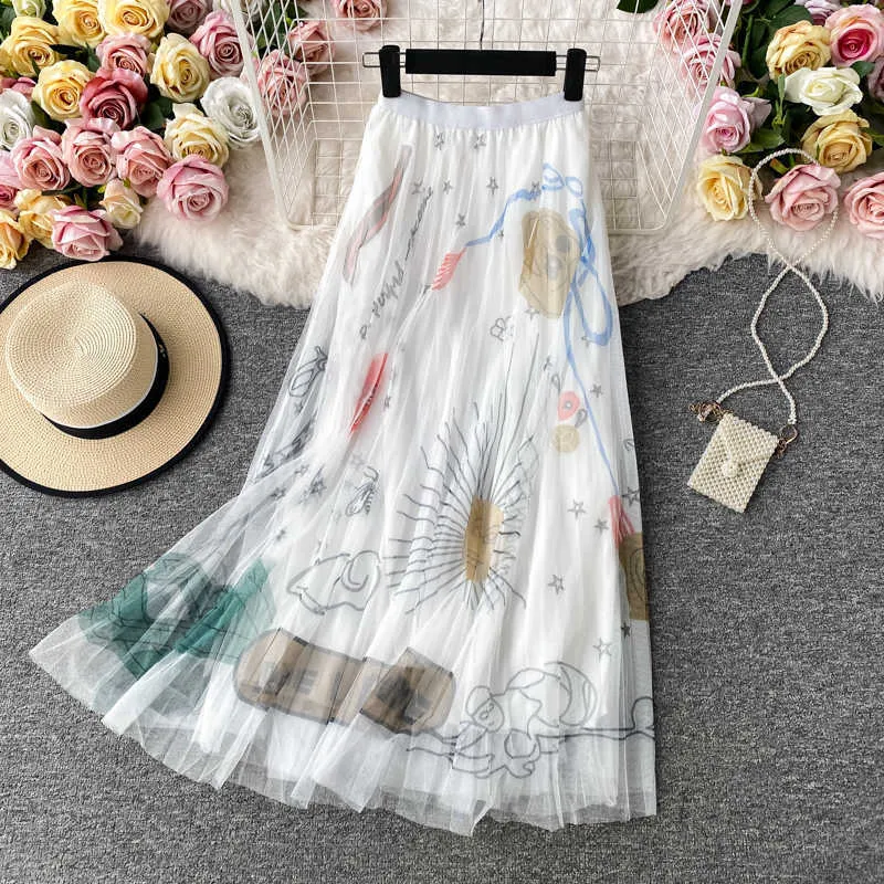 OCEANLOVE High Waist Skirts Women Print Mesh A-line All Match Mujer Faldas Korean Vintage Fashion Long Skirt Clothing 17449 210629