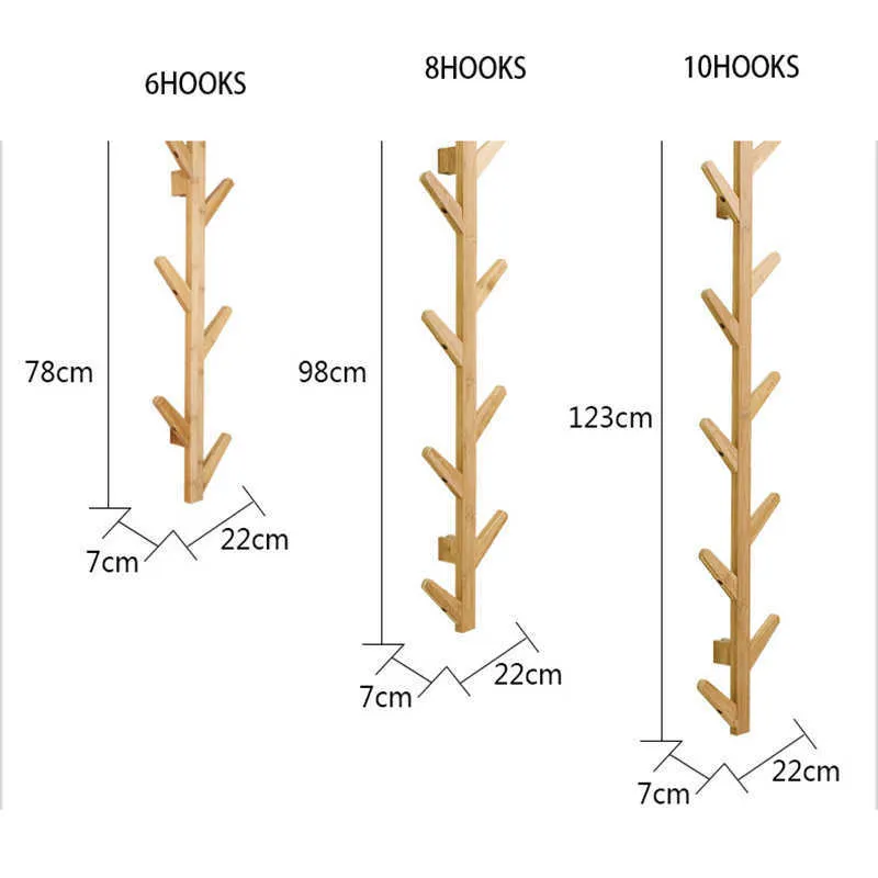 MROSAA BAMBOO Drewniane Wiszące Płaszcz Rack Wall Hook Odzież Wieszak Salon Sypialnia Półka Ścienna Wieszak dekoracji 6/8/10 Haczyki 210705