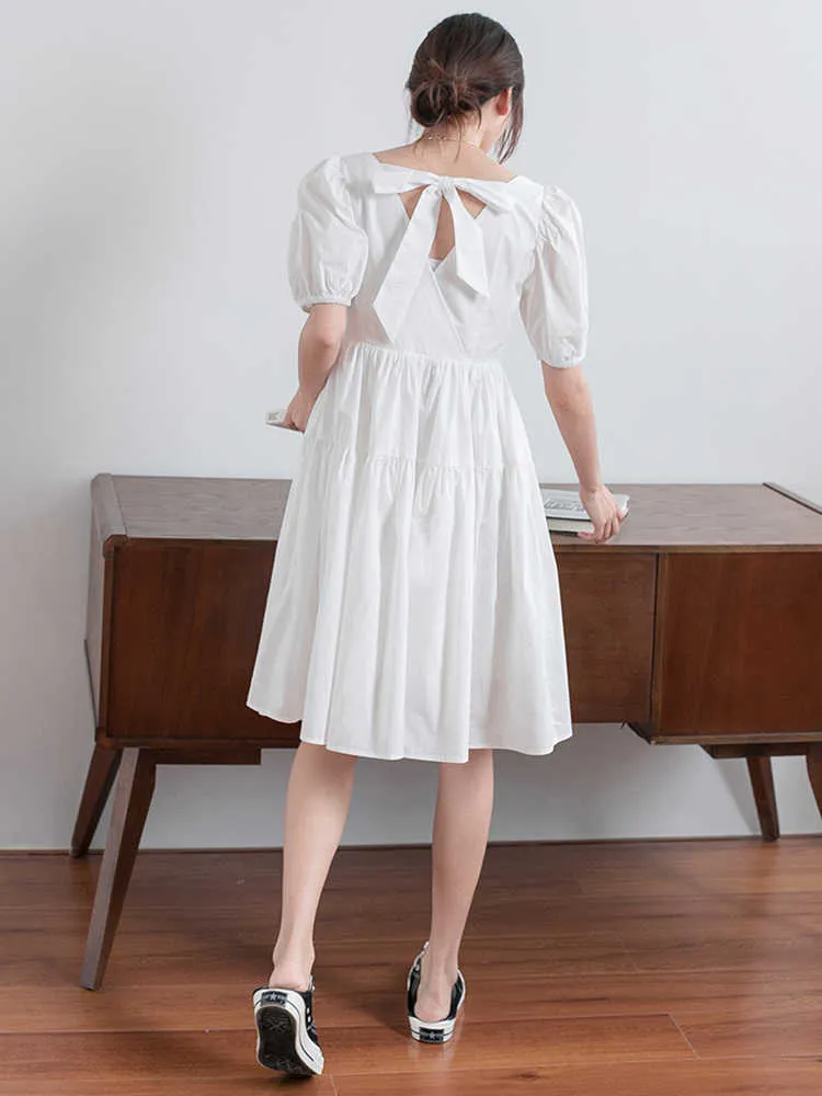 Verano francés de longitud media de altura corta blanco sólido línea A Puff manga cuello cuadrado vestido elegante para mujer 210615
