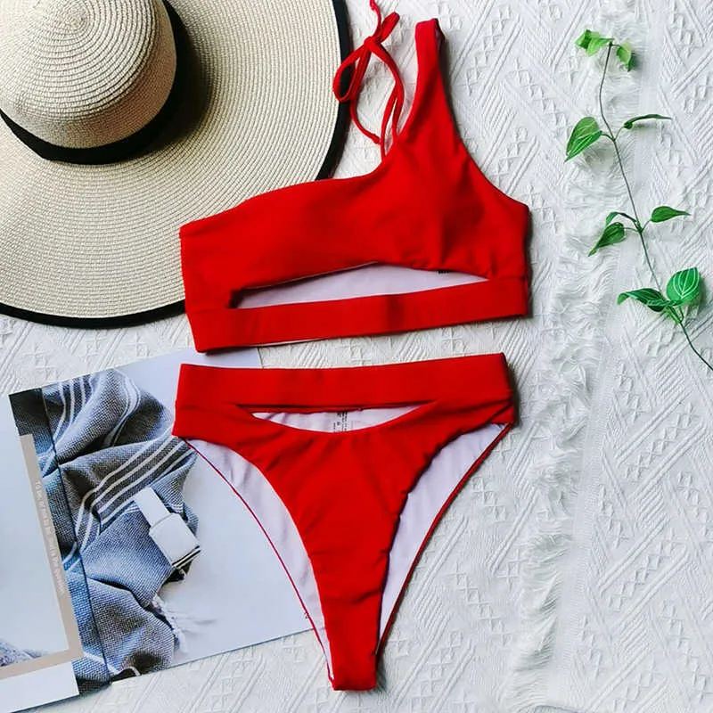 Bikini taille haute ensemble une épaule femmes maillot de bain évider maillots de bain brésilien rouge noir Bikinis plage porter maillot de bain 210629