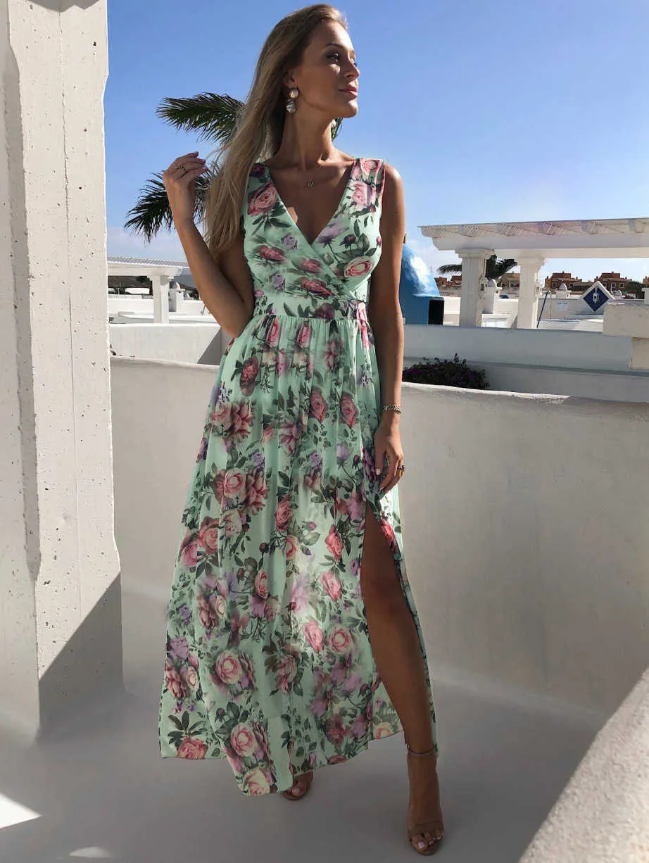 Summer Women Print V Neck Split Maxi Dress Floral Spaghetti Strap Elegant Party Chiffon Eleganti abiti da spiaggia casual Donna 210630