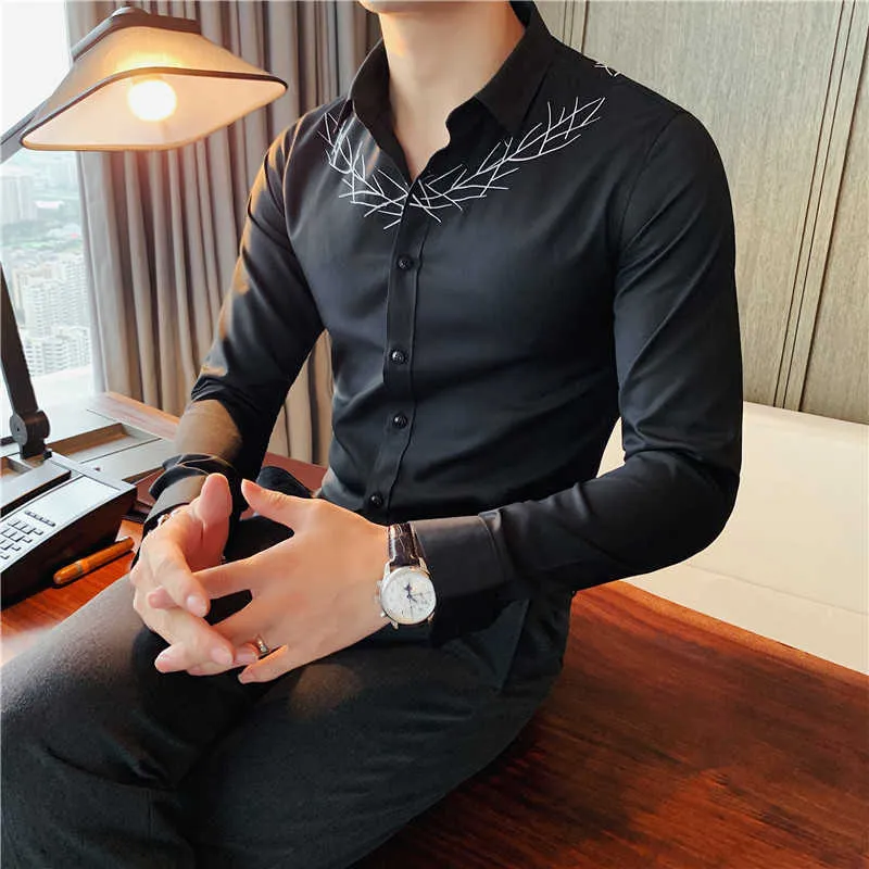 秋のシャツ男性の刺繍長袖シャツ韓国のスリムフィットカジュアルシャツビジネスフォーマルドレストップスの化学ホム210527