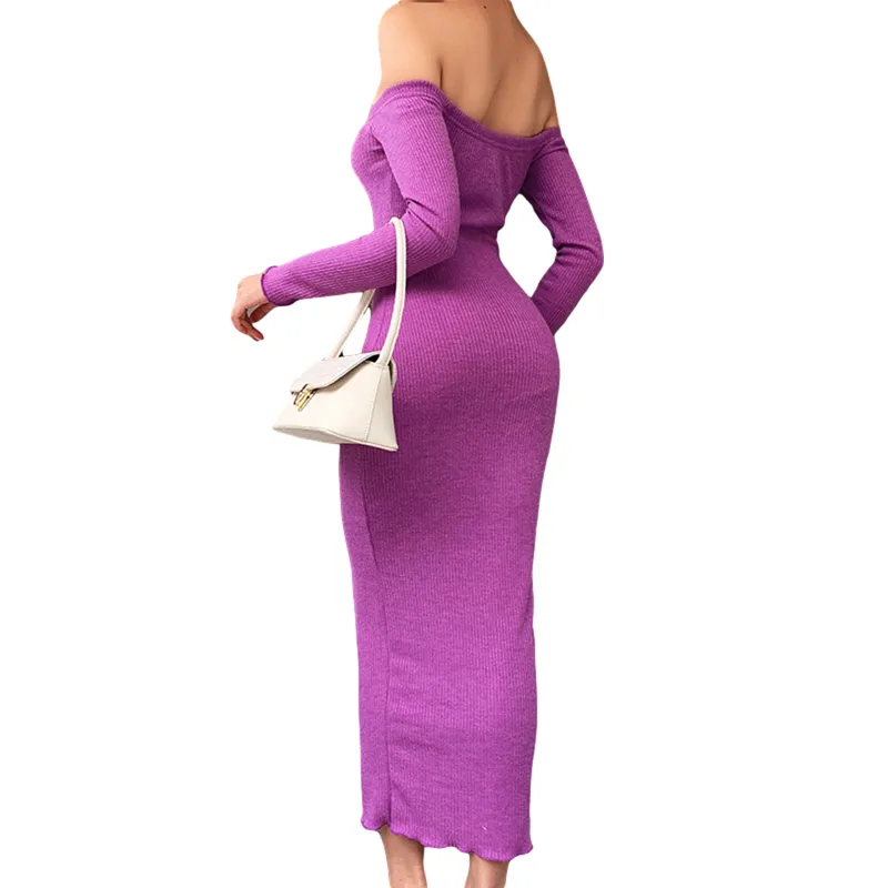 Mulheres lápis vestido magro cabe off-the-ombro manga comprida saco roxo quadril slash pescoço elegante moda roupas 210522