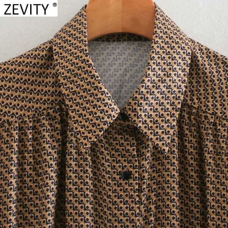 Zevity Women Vintage Turn Down Collar Geometric Print Bow Sashes Shirt Dress Femme Long Sleeve Breasted Vestido Cloth DS4671 210603