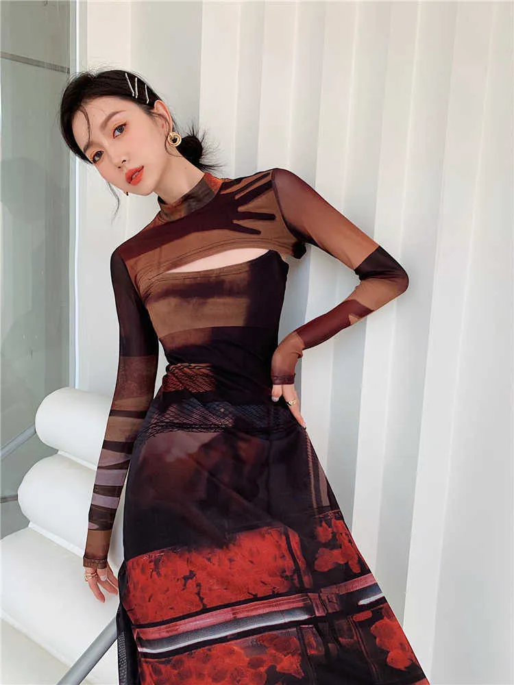 CHEERART Mesh Long Sleeve Punk Dress Women Turtleneck Long Midi Bodycon Ladies Dress Runway Fashion Designer Clothes 210706