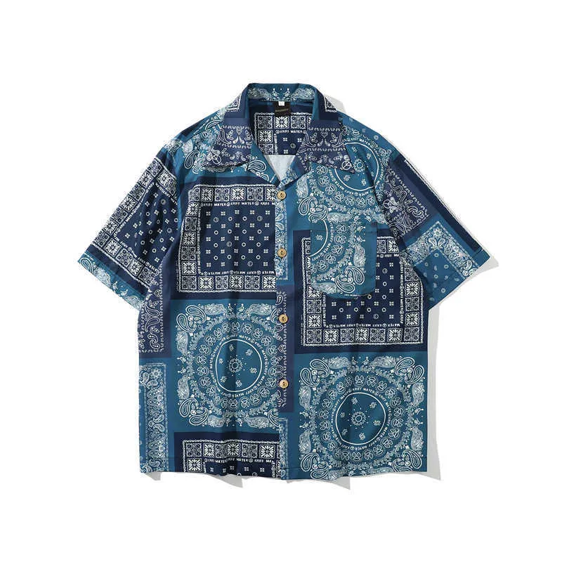 Bandana män skjorta paisley tryckta pojkar kortärmad topp hawaiian strand lösa s mode sommar manliga kläder 210608