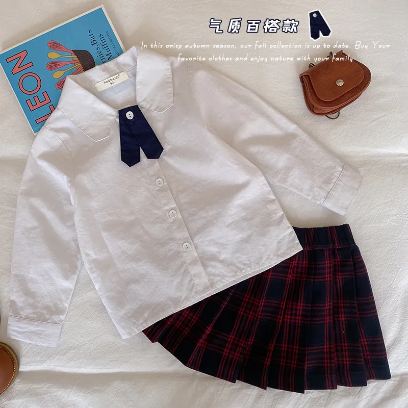 Autumn baby girls tie casual white shirts 1-7 years kids cotton all-match school long-sleeve base shirt 210508