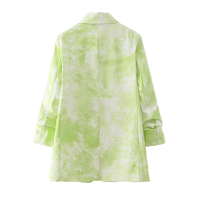Women Tie-dye Green Blazer Female Three Quarter Sleeve Elegant Jacket Ladies Work Wear Suits 210430