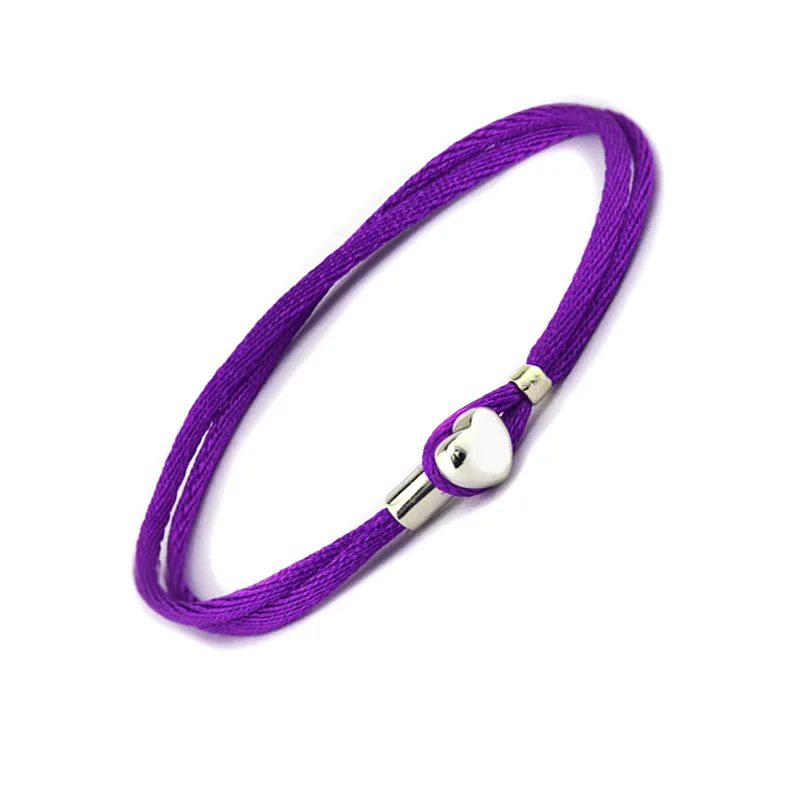 Bracelet cordon en tissu violet avec boucle coeur en argent Sterling pour femme, perles originales, bijoux à breloques