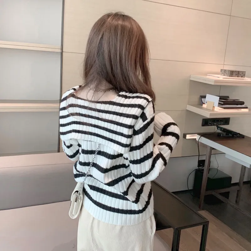 Kimutomo Casual Striped Knitted Sweater Women Turn-down Collar Buttons Warm Long Sleeve Pullovers Outwear Spring 210521
