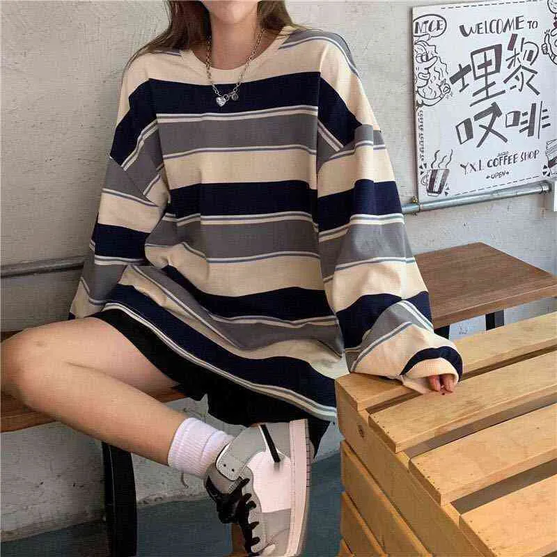Houzhou Sweats-shirts rayés SweetShirt Femmes Harajuku Oversize Pullover Couples de mode coréens assortis à manches longues Tops 211220