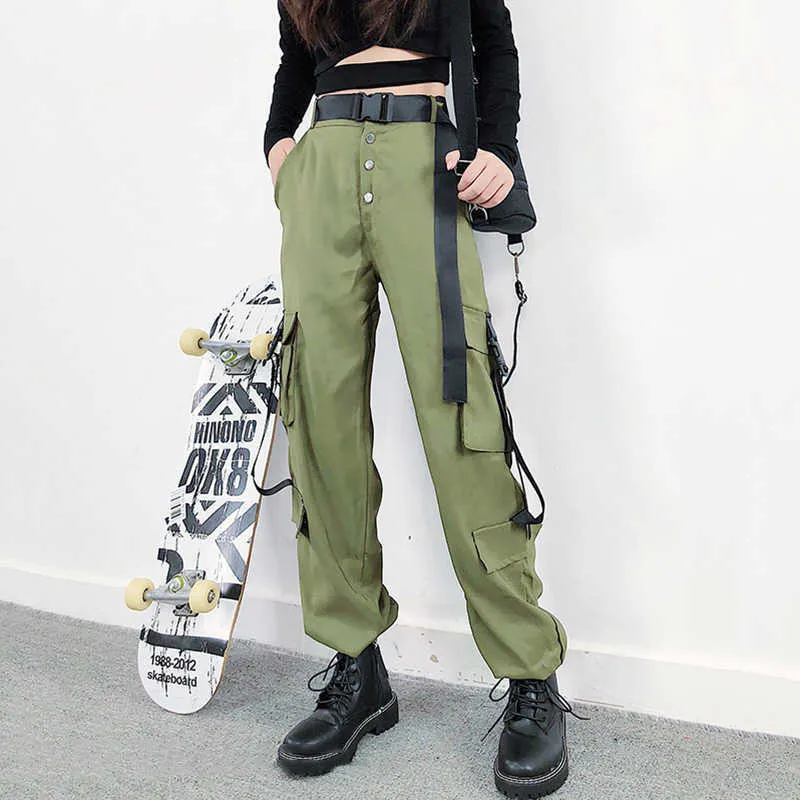 Automne armée vert décontracté Cargo pantalon taille haute poche Streetwear ample survêtement 210531