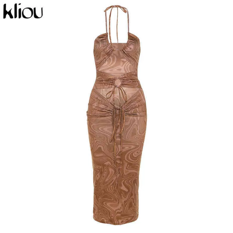 Kliou sexy creux femmes maxi robe sans manches manches o-cou de spaghetti bandage bandage curseur gaine gaine club vêtements femmes jupes y1204