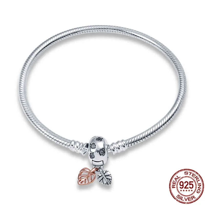 2022 NEW 925 Sterling Silver Original Rose Gold Love Button Snake Bracelet Fit Pandora Charm Home Diy Jewelry Gifts