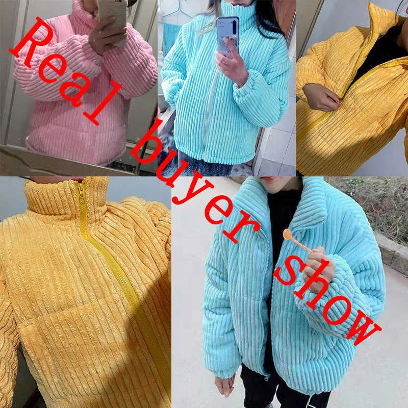 LucyEver 겨울 두꺼운 따뜻한 재킷 여성 한국 스탠드 칼라 코듀로이 파카 여성 핑크 블루 코튼 패딩 짧은 코트 211013