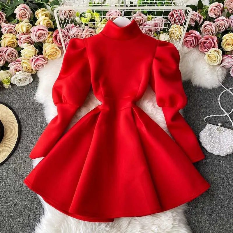 Robes automne taille haute rouge grande balançoire bouffée à manches longues col roulé robe femmes sauvage décontracté rétro mode Vestidos solide 210610