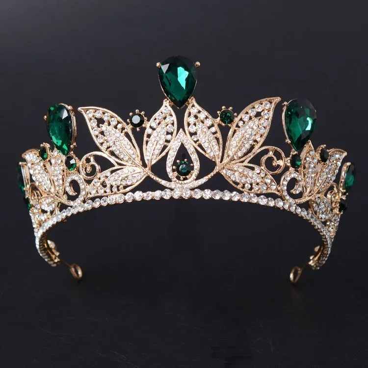 Vintage Green Red Bridal Tiara Fashion Golden Diadem for Women Wedding Dress Hair Jewelry Princess Crown Accessories 2202184810772