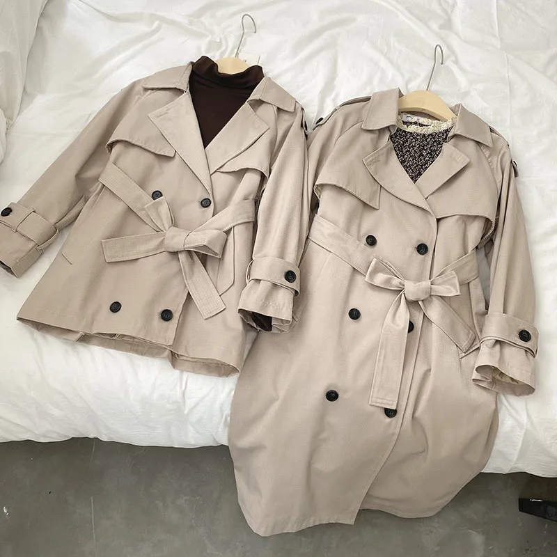 Ezgaga Trench Coat för Kvinnor Mode Nedgång Krage Solid Sashes Dubbel Breasted Long Trench Design Office Lady Elegant Chic 210430