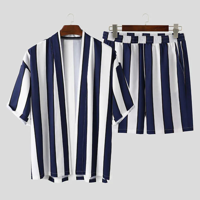 Män Sommar Striped Sats Japan Streetwear Cardigan Kimono Hawaiian Kortärmad T-shirts Andningsbara Shorts Beach Män Passar 2 stycken x0909