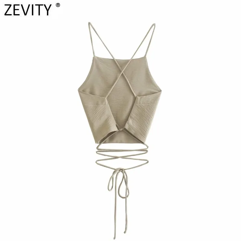 Zevity New Women Spaghettiストラップセクシーなシックなソリッドキャミスタンクレディー夏背中の背骨クロスレースアップスリングショートクロップトップスLS9010 210419