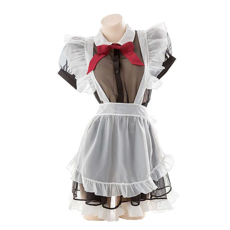 Lingerie sexy Robe de tentation de haute qualité avec nœud papillon mignon Kawaii Femmes Transparent Maid Cosplay Costumes Y0913