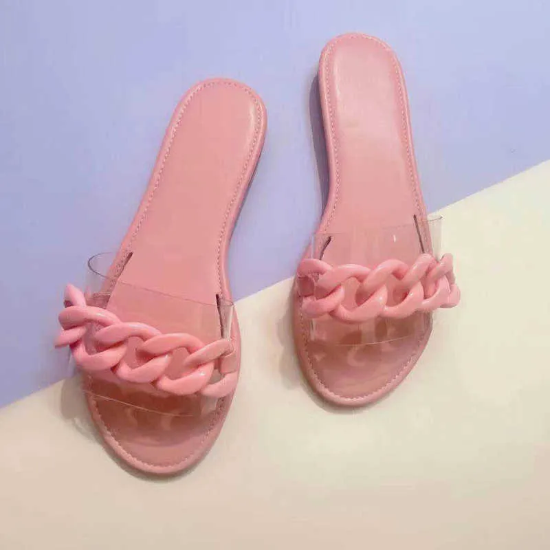 Sandalias planas transparentes de PVC para mujer de Rimocy, zapatillas de playa antideslizantes con decoración de cadena a la moda, chanclas de talla grande de verano para mujer 210528