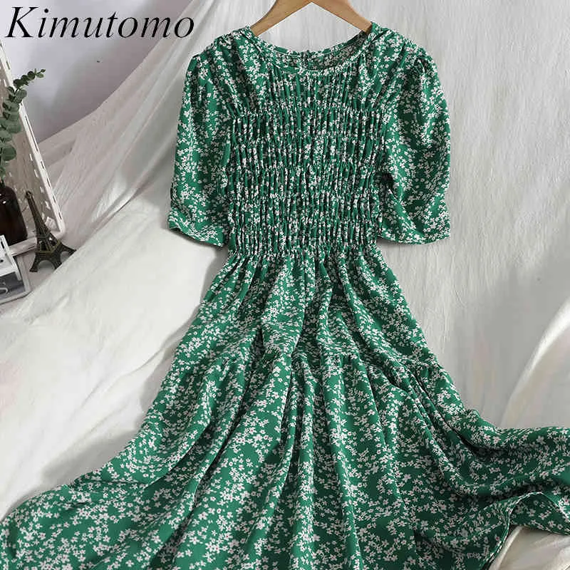 Kimutomo Summer Floral Print Dress Femmes Prairie Chic Mode O-cou Bubble Sleeve Vêtements Doux Doux Pli Vestidos Femme 210521