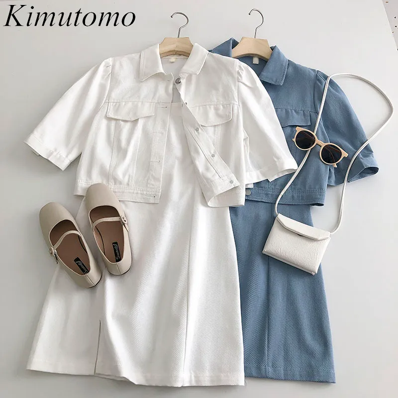 Kimutomo elegante hong kong stijl pak vrouwen zomer effen kleur sling jurk mode korte mouw single breasted top casual 210521