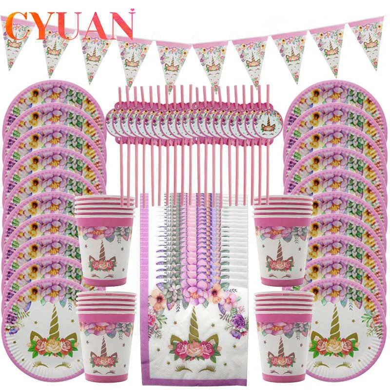 CYUAN Unicorn Party Supplies Tableware Set Unicorn Tablecloth Paper Cups Napkin Banner Cake Topper Wedding Baby Shower Decor 211018