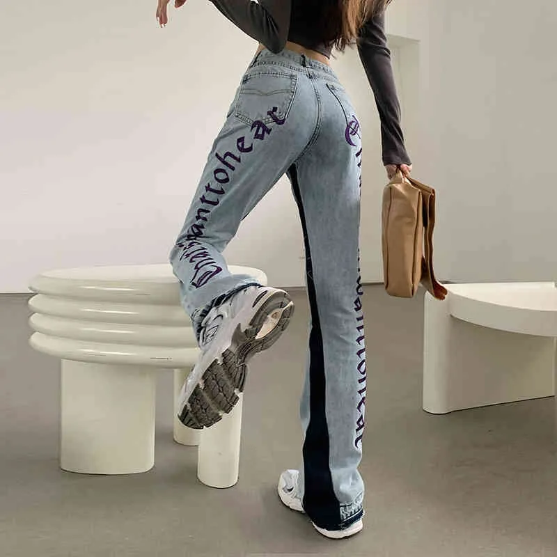 Women Jeans Button Fly Zipper Letter Embroidery Loose Wide Leg Casual Denim Jogging Sports Ladies Relaxed Trousers 210522