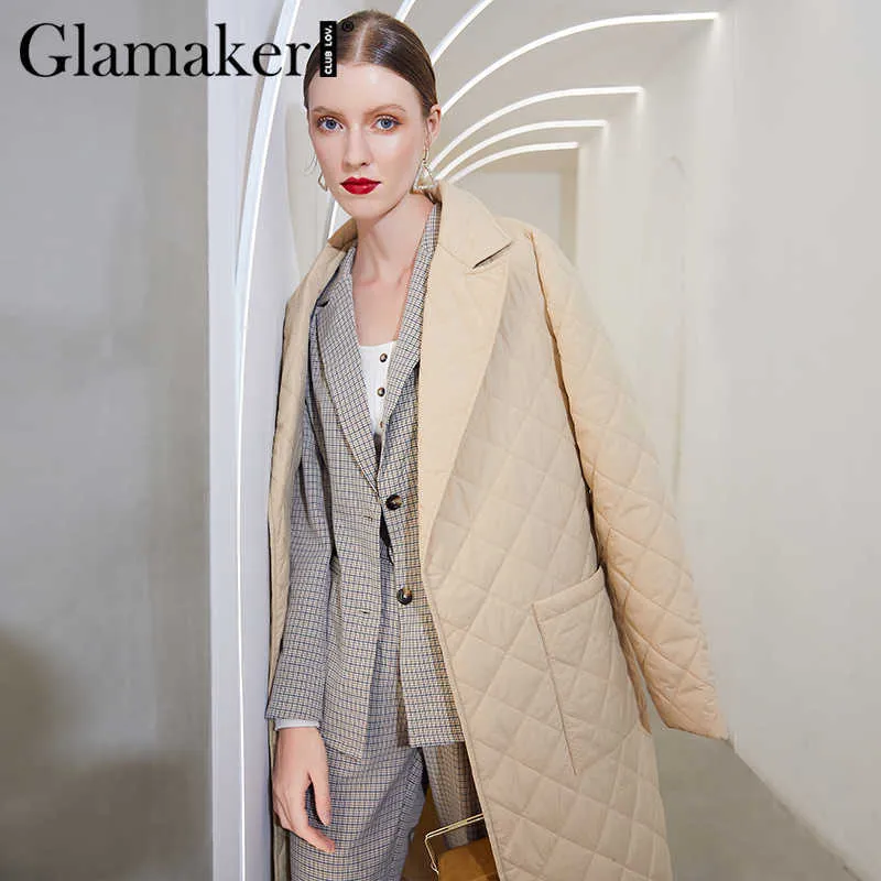 Glamaker Casual rhombus printed women winter parka Long deep pockets straight coat Female tailored collar outerwear 210913